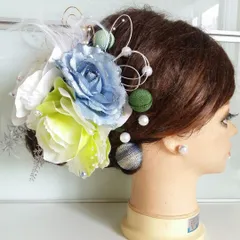 水色×黄緑の髪飾り 成人式 結婚式 前撮り 卒業式に【020】