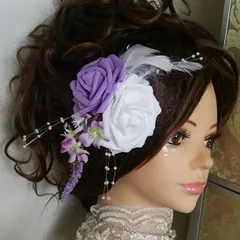 白×紫の小ぶりな髪飾り　浴衣に♪【012】