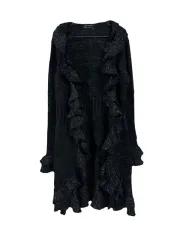 M L JPN 森ガールはぐみ ノンボタン レース ロング丈カーディガン ブラック