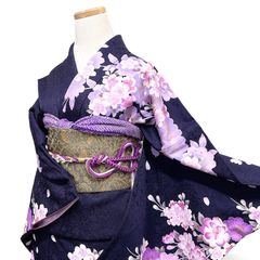 振袖 着物 銀通し 金彩加工 刺繍 黒 紫 乱菊 成人式 トールサイズ 