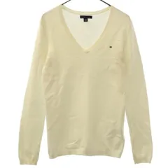 TOMMY HILFIGER トミーヒルフィガー ワンポイント刺繍柄 長袖 Vネック コットン ニット XS ホワイト セーター レディース 古着
