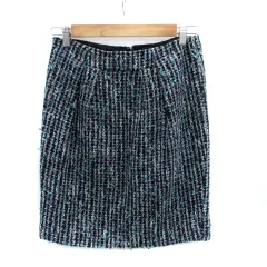 アンタイトル UNTITLED タイトスカート ひざ丈 ツイード柄 2 黒 ブラック 水色 ライトブルー /SM27