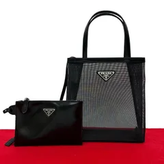 極 美品 PRADA プラダ 三角ロゴ 金具 パテントレザー 本革 ファブリック メッシュ ハンドバッグ ミニ トートバッグ ブラック 28213