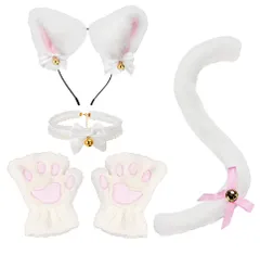 鈴付き チョーカー やわらかい 尻尾 ハロウィン 肉球手袋 コスプレ カチューシャ 小物 猫耳 4点セット Sucodver (ホワイト)