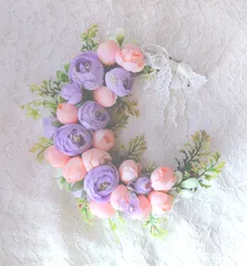 一点物♪ピーチピンク&パープル♪つぼみアーティフィシャルフラワー三日月リース♪レースリボン♪ピンクリース♪パープルリース♪春リース♪可愛いリース♪