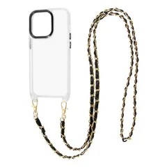 iPhone 14 Pro ショルダーストラップ付 ブラック クリア スマホ ケース カバー ガラス ハイブリッド 透明 傷に強い 耐衝撃 頑丈 丈夫 強い 四つ角 エアクッション