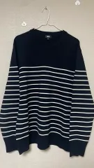 ユニクロ ウォッシャブルミラノリブ クルーネック ストライプ ネイビー XL 出品