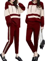 GRHONC パーカー ジャージ レディース スウェット 上下 セット 長袖 セットアップ スポーツ ウェア トレーニング フード (ボルドー,  2XL)