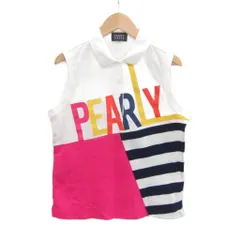 パーリーゲイツ PEARLY GATES ゴルフウェア ポロシャツ ノースリーブ 1 S 白 ホワイト ロゴ プリント 切替 ボーダー柄 /SY34 ■GY61