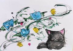 原画#80 黒猫 ニース 海 フランス 水彩画 ドローイング インテリア