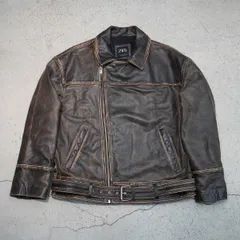 ZARA ザラ オーバー サイズ シングル ライダース ジャケット レザー ジャケット ベルト付き ダメージ加工 ウォッシュ加工 茶 M 318P★4