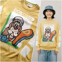 【ご機嫌な相棒】 DOLCE CLUB キャラクターニット イエロー 48 美品 メンズ ドッグ 犬柄 刺繍 ワールド製 レトロポップ 90年代 ゴルフウェア おじニット アップリケ 派手 個性的