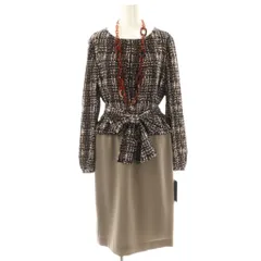 レリアン Leilian 切替 長袖ワンピース 膝丈 11 ブラック グレージュ /HK ■OS