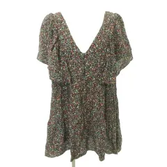 ザラ ZARA 花柄 ミニ丈 ワンピース フリル Vネック 薄手 XLサイズ 黒 ブラック ■GY61