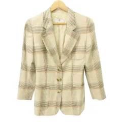 ヴァレンティノ ガラヴァーニ VALENTINO GARAVANI テーラードジャケット ブレザー チェック 肩パッド ウール混 シルク混 厚手 38/4 約Mサイズ ベージュのサムネイル