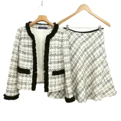 エムズグレイシー M'S GRACY ツイード スカート スーツ セットアップ ノーカラー ジャケット ストール付 38 ホワイト ブラック