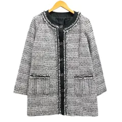 SANS FIN ツイードジャケット 上着 コート ノーカラー LL 黒ブラック 白 ホワイト