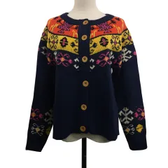 ロデオクラウンズ Rodeo Crowns カーディガン ニット ラウンドネック 総柄 マルチカラー 長袖 F 紺 オレンジ ネイビー