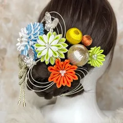 【即納】豪華/卒業式髪飾り 成人式髪飾り/ウエディング ヘッドドレス ヘッドパーツ 袴 和装 サテンつまみ細工 水色 黄緑