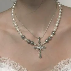 クロスモチーフネックレス 模造パール 合金 レディース