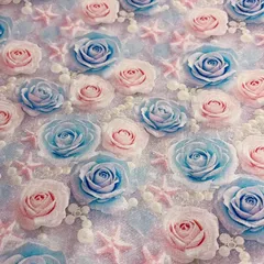 1㍍長ピンク＆薄水色コンビ最高に可愛いバラプリント綿生地ハギレ布