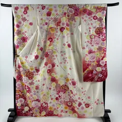 振袖 身丈167cm 裄丈67.5cm L 袷 牡丹 蝶 銀通し 銀彩 クリーム 正絹 名品 【中古】