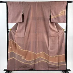 付下げ 身丈159cm 裄丈64.5cm M 袷 落款 葉と実 格子 刺繍 金糸 小豆色 正絹 秀品 【中古】