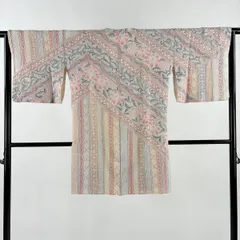 道行 身丈96cm 裄丈65cm M 和装コート 角衿 葉柄 斜縞 絞り ベージュ 正絹 秀品 【中古】