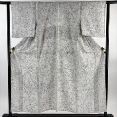 【美品】 小紋 身丈151.5cm 裄丈64.5cm M 単衣 幾何学 地紋 灰白 正絹 秀品 【中古】