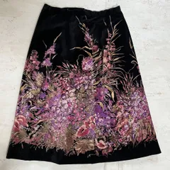 昭和レトロブラック花柄ミモレ丈スカートベルベット素材上品フリーサイズ