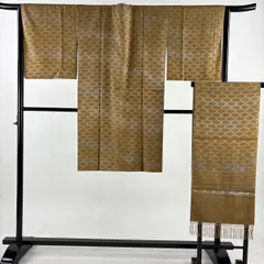 【美品】 道行 身丈106cm 裄丈65cm M 和装コート 角衿 ストール付き リバーシブル 幾何学 薄茶色 正絹 名品 【中古】