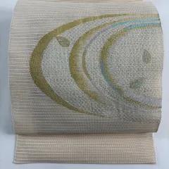 【美品】 名古屋帯 秀品 夏帯 絽 八寸名古屋帯 葉 幾何学 金銀糸 ベージュ 正絹 【中古】