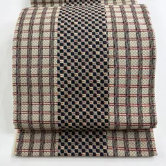 【美品】 袋帯 秀品 格子 幾何学 ベージュ 六通 正絹 【中古】