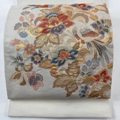 【美品】 袋帯 秀品 関西仕立て 花鳥 金銀糸 箔 クリーム お太鼓柄 正絹 【中古】