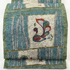 【美品】 袋帯 秀品 鳥 幾何学 青緑 全通 正絹 【中古】