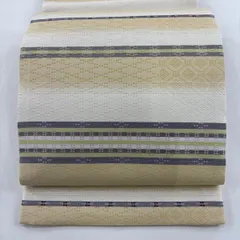 【美品】 袋帯 名品 縞 幾何学模様 薄黄土色 六通 正絹 【中古】