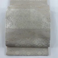【美品】 袋帯 名品 草花 籠目 銀糸 唐織 ベージュ 六通 正絹 【中古】