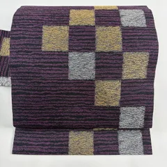 【美品】 名古屋帯 名品 市松 金銀糸 紫 正絹 【中古】