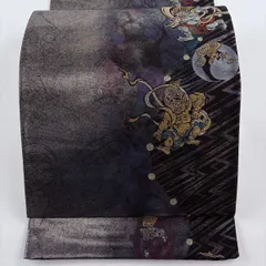 【美品】 袋帯 名品 風神雷神 稲妻 箔 黒灰 六通 正絹 【中古】