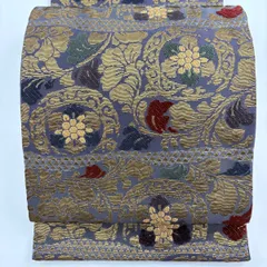 【美品】 袋帯 名品 錦華燦 それいゆ 草花 金糸 青灰色 六通 正絹 【中古】