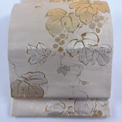 【美品】 袋帯 名品 葡萄唐草 金糸 箔 ベージュ 六通 正絹 【中古】