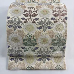 袋帯 逸品 牡丹 蝶 唐織 箔 クリーム 六通 正絹 【中古】