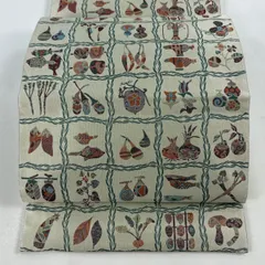 【美品】 袋帯 逸品 証紙 博多織 格子 生り物 クリーム 全通 正絹 【中古】