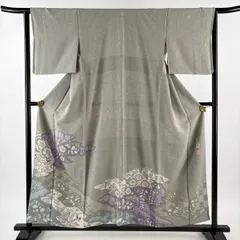付下げ 身丈155cm 裄丈63.5cm S 袷 大脇一心 落款 辻が花 霞 灰緑 正絹 逸品 三つ紋 【中古】