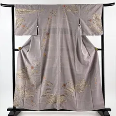 訪問着 身丈158cm 裄丈64cm M 袷 大脇一心 紬地 落款 辻が花 舟 灰紫 正絹 逸品 【中古】