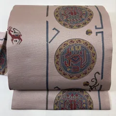【美品】 名古屋帯 優品 動物 幾何学 薄小豆 正絹 【中古】