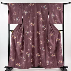 小紋 身丈156cm 裄丈68cm L 単衣 麻の葉 花丸文 小豆色 正絹 優品 【中古】