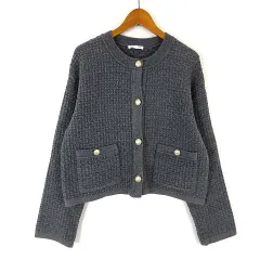 ジーユー GU ダブル ポケット ニット ジャケット ツイード 装飾ボタン ノーカラー 長袖 L グレー ゴールド