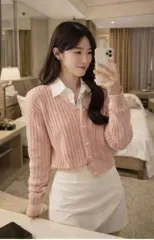 セミクロップド ニットカーディガン F