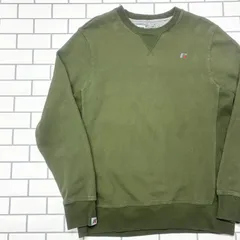 【人気カラー】ラッセルアスレティック スウェット M オリーブ 緑 前V ガゼット サイドリブ トレーナー Russell Athletic プレミアムフリース メンズ 古着 アメカジ ストリート 裏起毛 無地 ワンポイント【3080ST】